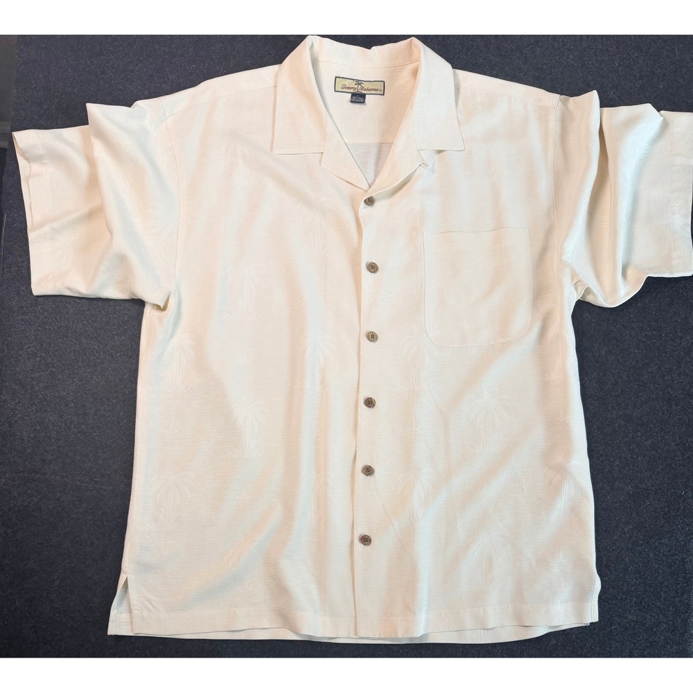 Tommy Bahama Relax Mens Large Cream 100% Silk Jacquard Palm Tree Camp Shirt